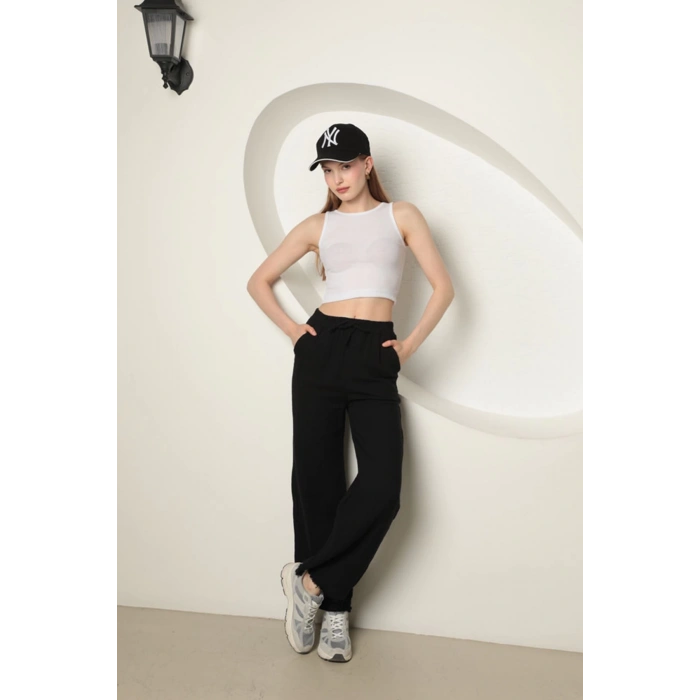 Babua Müslin Kumaş Bol Paça Kadın Pantolon-Siyah