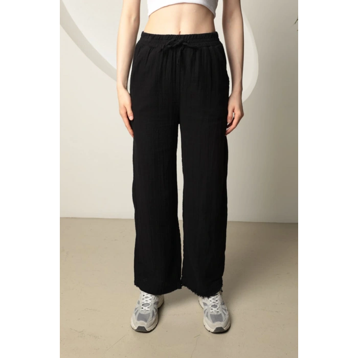 Babua Müslin Kumaş Bol Paça Kadın Pantolon-Siyah