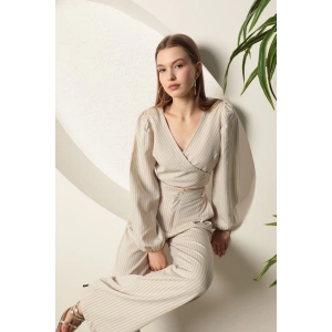 Babua Çizgili Anvelop Bluz Bol Paça Pantolon Takım-Bej