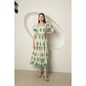Babua Keten Kumaş Gipeli Kadın Elbise - Yeşil