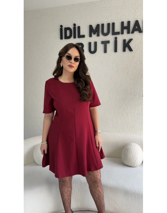Bordo Kısa Kollu Godeli Elbise