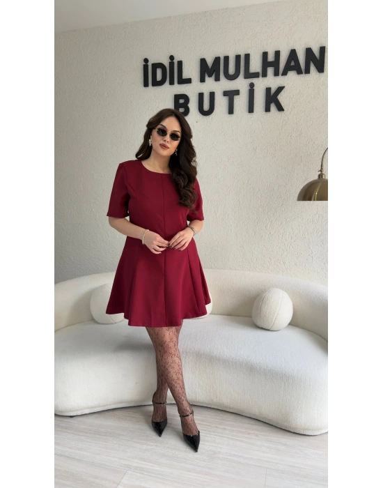 Bordo Kısa Kollu Godeli Elbise