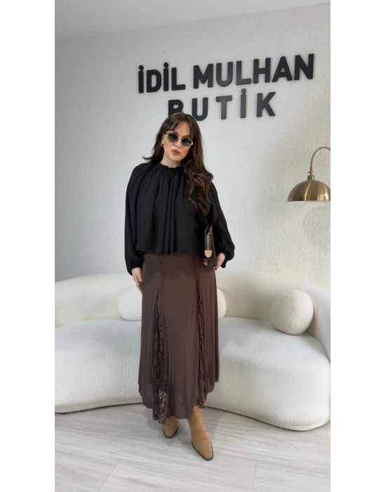 Kahverengi Güpür Detaylı Astarlı Etek