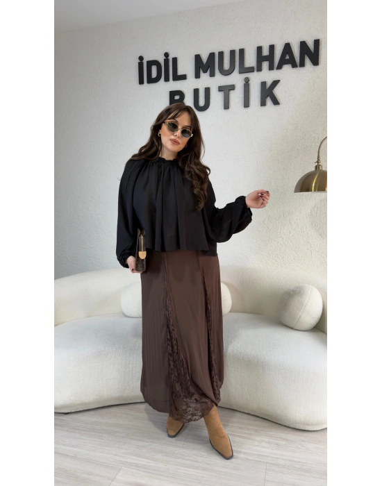 Kahverengi Güpür Detaylı Astarlı Etek