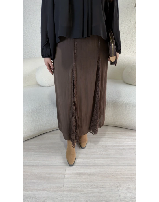 Kahverengi Güpür Detaylı Astarlı Etek