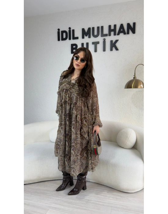 Desenli Fırfır Detaylı Premium Elbise