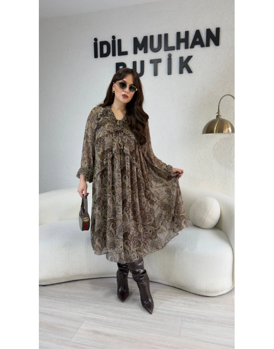 Desenli Fırfır Detaylı Premium Elbise