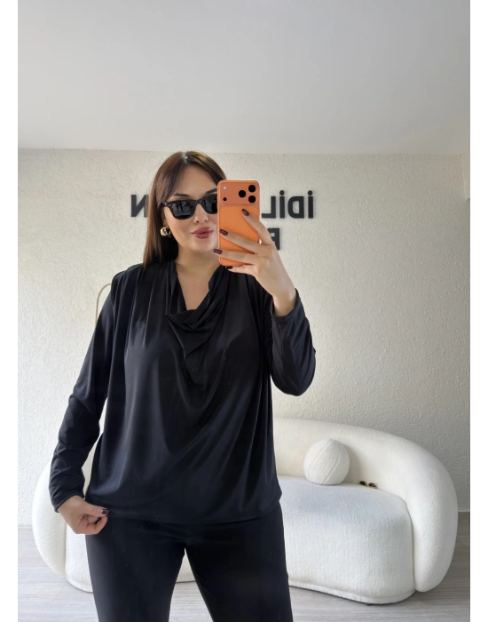 Siyah Sandy Kumaş Degaje Yaka Bluz