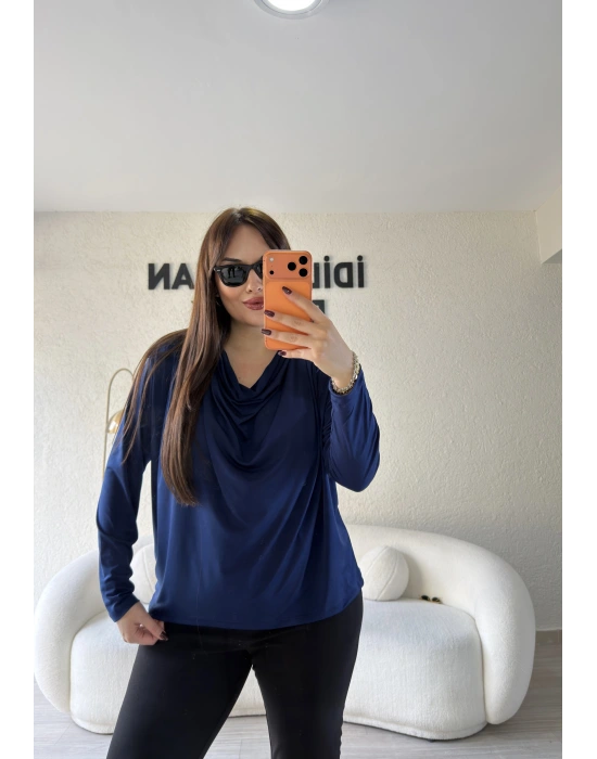 Lacivert Sandy Kumaş Degaje Yaka Bluz