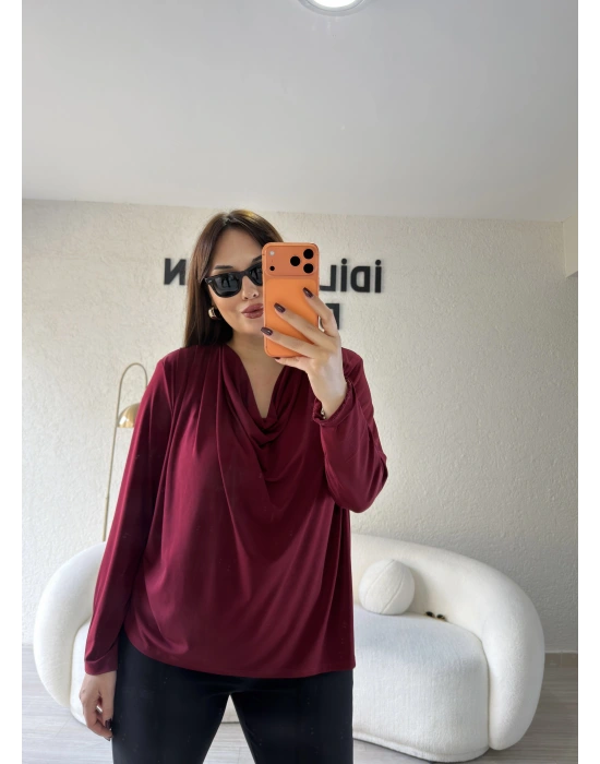 Bordo Sandy Kumaş Degaje Yaka Bluz