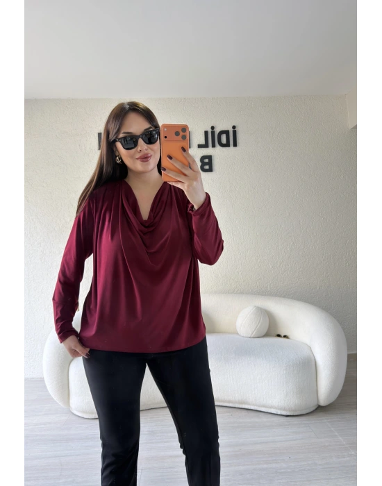 Bordo Sandy Kumaş Degaje Yaka Bluz