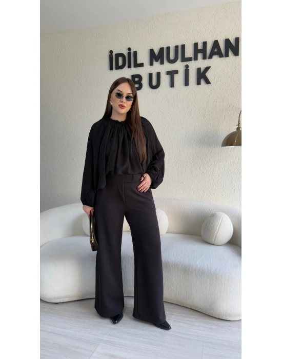 Siyah Cırtcırtlı Palazzo Pantolon