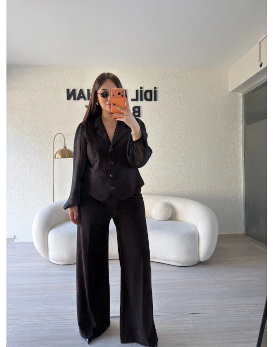 Flok Baskılı Yüksek Bel Pantolon