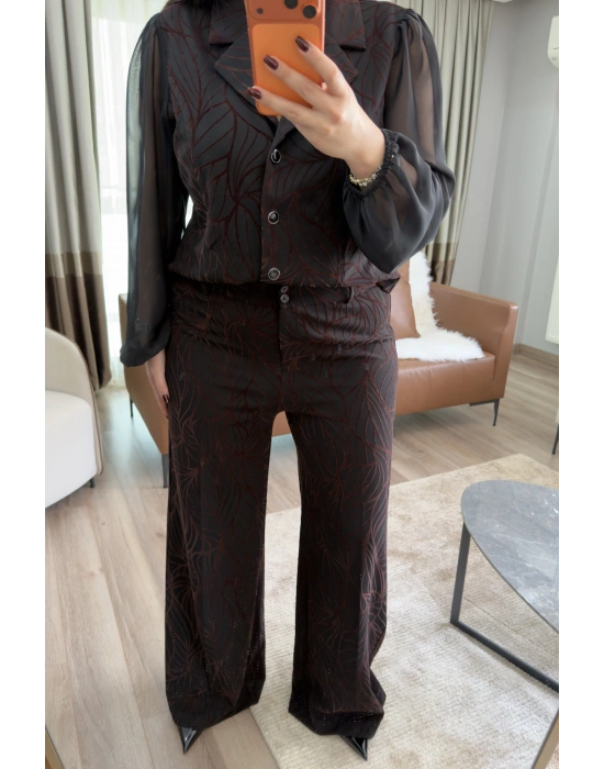 Flok Baskılı Yüksek Bel Pantolon