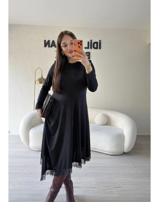Siyah Güpür Detaylı Sandy Elbise