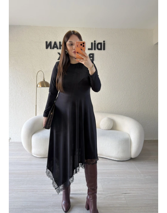 Siyah Güpür Detaylı Sandy Elbise