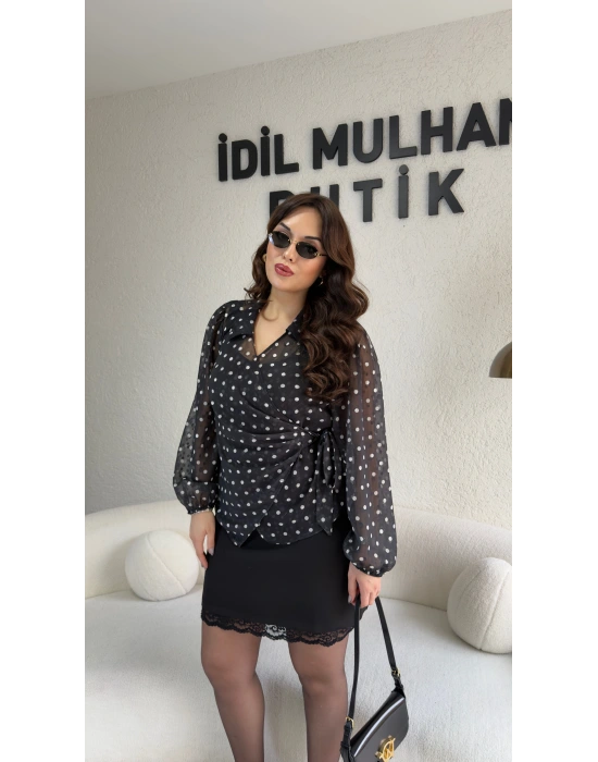 Kruvaze Yan Bağcıklı Puantiyeli Bluz
