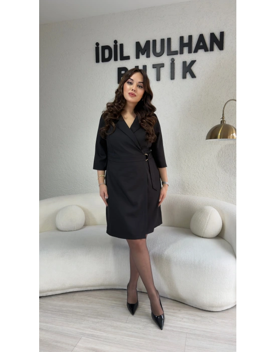 Siyah Kruvaze Yaka Yandan Bağlamalı Double Elbise