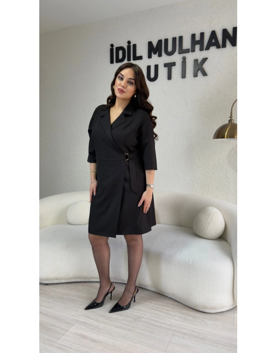 Siyah Kruvaze Yaka Yandan Bağlamalı Double Elbise