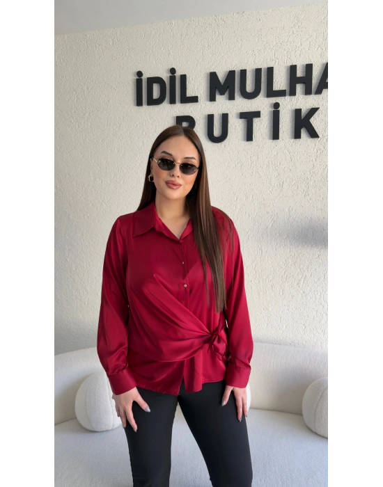 Kırmızı Saten Yandan Bağlamalı Gömlek