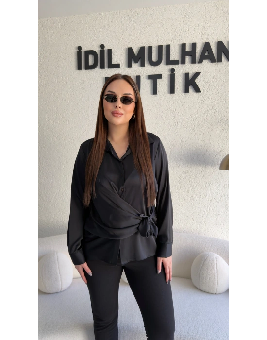 Siyah Saten Yandan Bağlamalı Gömlek