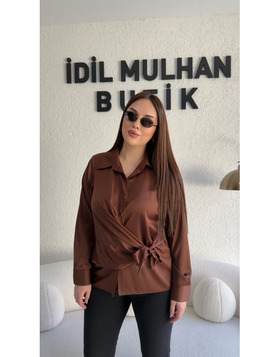 Kahverengi Saten Yandan Bağlamalı Gömlek