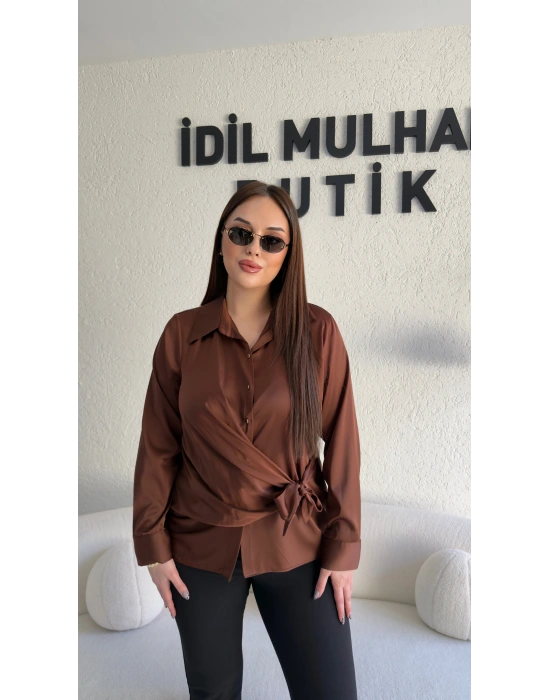 Kahverengi Saten Yandan Bağlamalı Gömlek