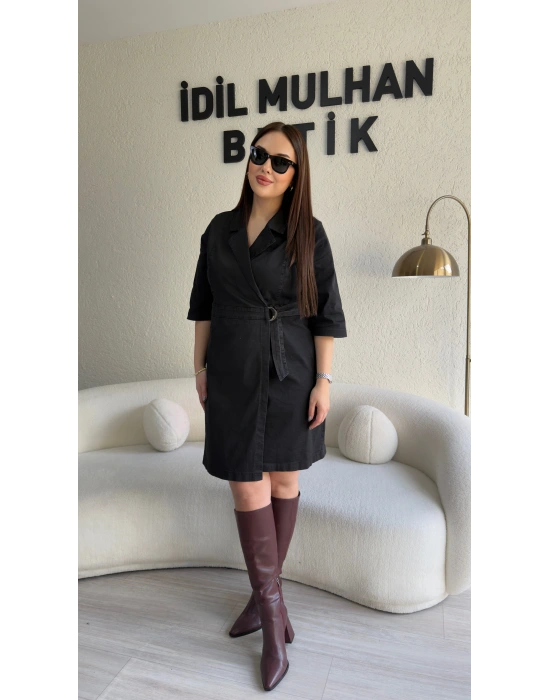Siyah Kruvaze Kemer Detaylı Jean Elbise