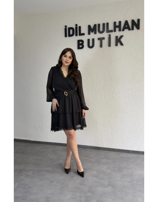 Siyah Kruvaze İki Katlı Yoryo Elbise