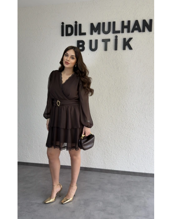 Kahverengi Kruvaze İki Katlı Yoryo Elbise