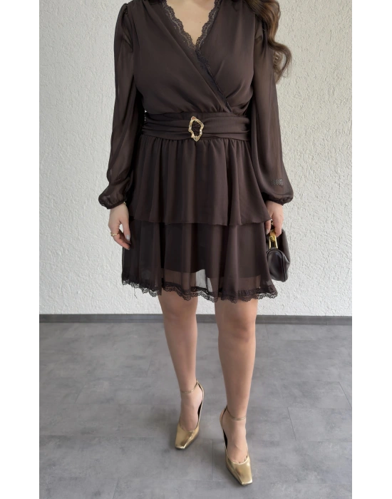 Kahverengi Kruvaze İki Katlı Yoryo Elbise