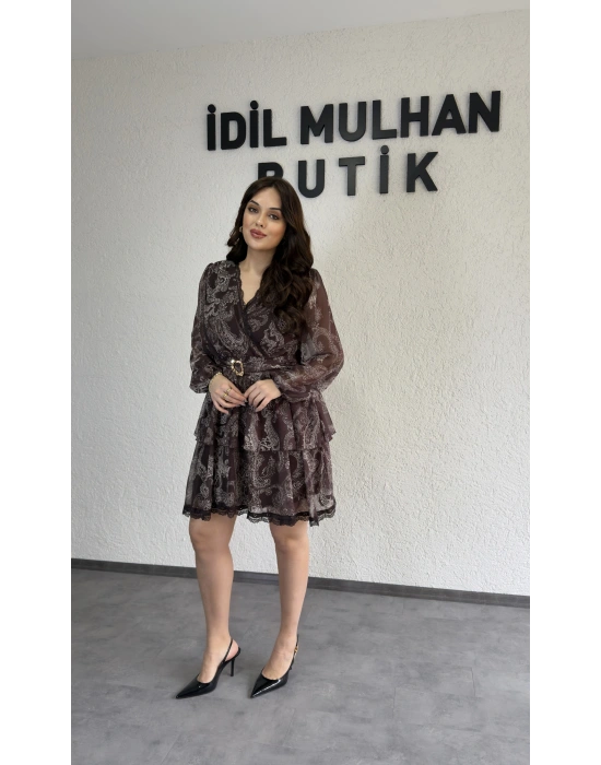 Kahverengi Desenli Kruvaze İki Katlı Yoryo Elbise