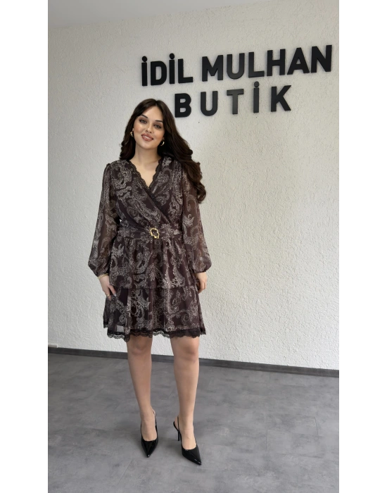 Kahverengi Desenli Kruvaze İki Katlı Yoryo Elbise
