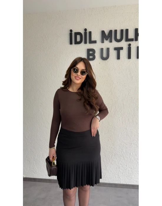 Kahverengi Likralı Transparan Bluz