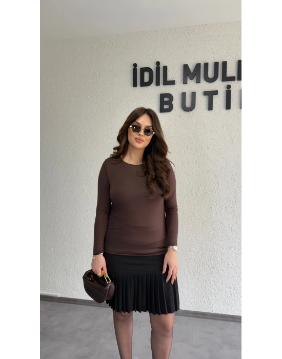 Kahverengi Likralı Transparan Bluz