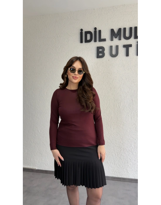 Bordo Likralı Transparan Bluz