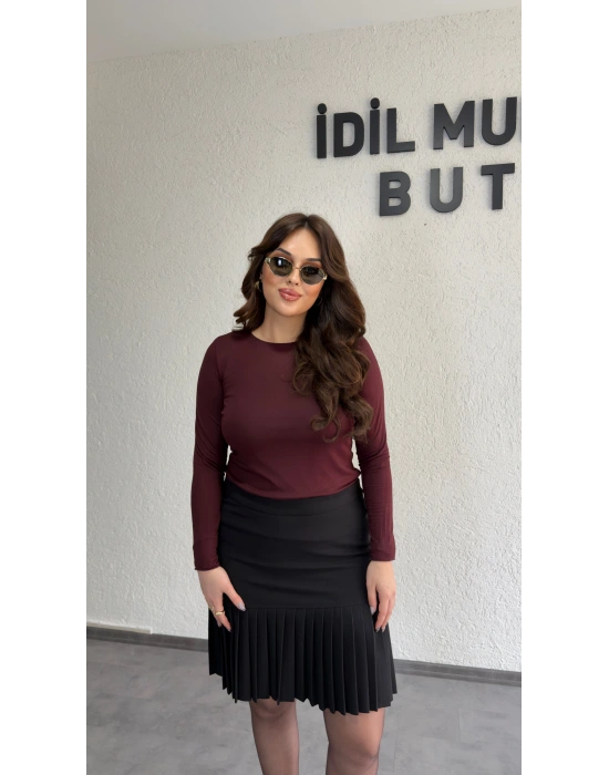 Bordo Likralı Transparan Bluz