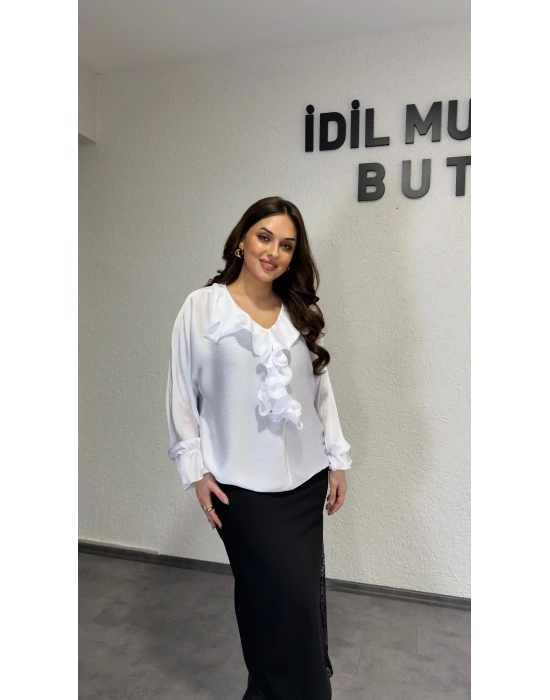 Beyaz Volanlı Premium Bluz
