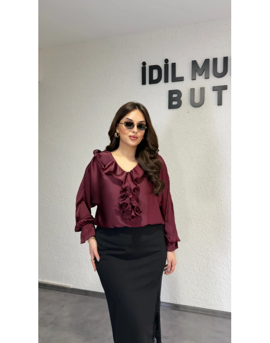 Bordo Volanlı Premium Bluz