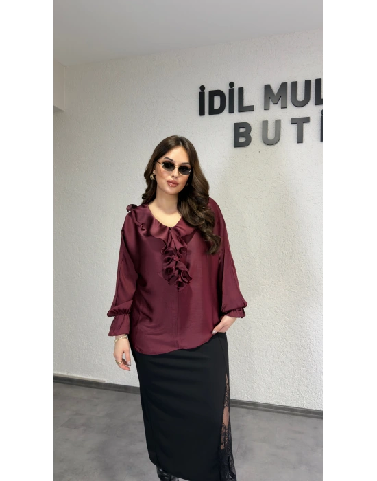 Bordo Volanlı Premium Bluz