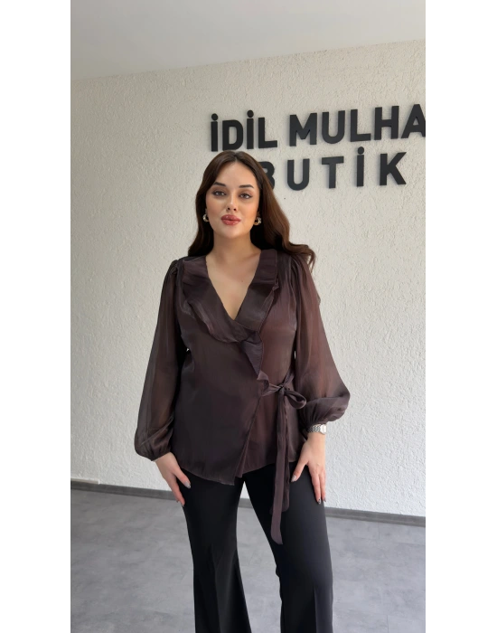 Acı Kahve Kruvaze Yaka Volanlı Bağlamalı Bluz