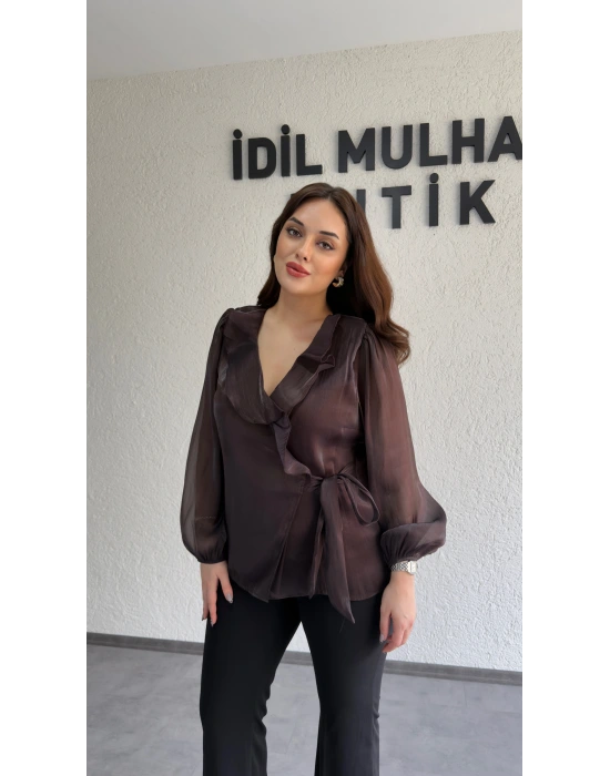 Acı Kahve Kruvaze Yaka Volanlı Bağlamalı Bluz