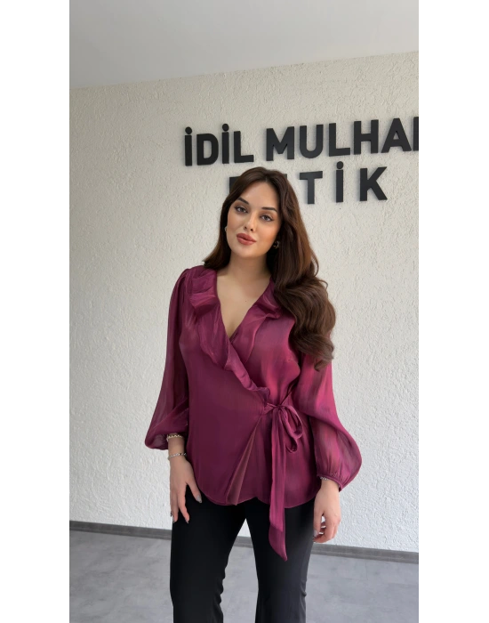 Mürdüm Kruvaze Yaka Volanlı Bağlamalı Bluz