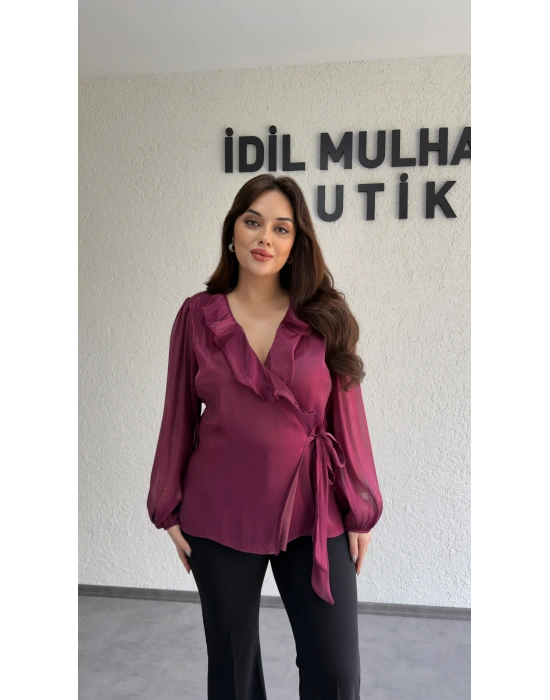 Mürdüm Kruvaze Yaka Volanlı Bağlamalı Bluz