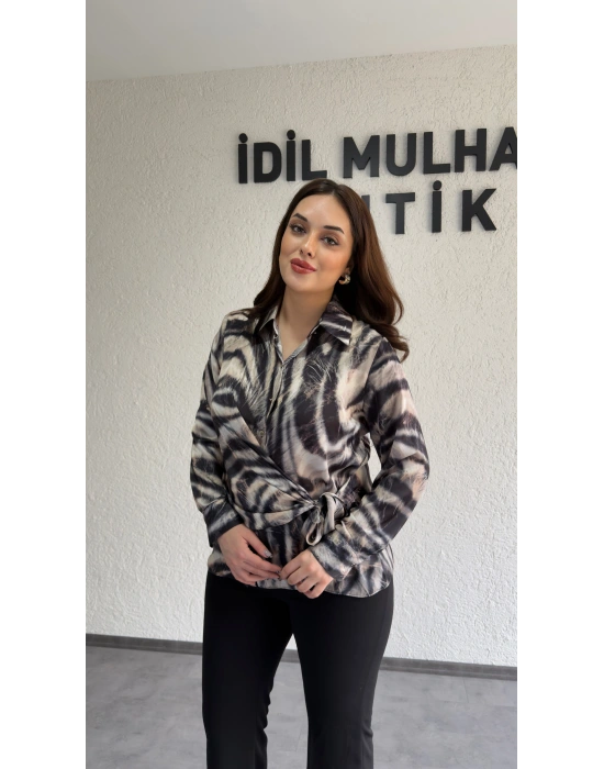 Zebra Desenli Şifon Saten Yan Bağlamalı Gömlek