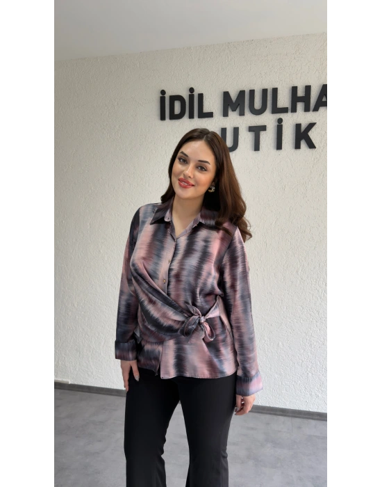 Pembe Desenli Şifon Saten Yan Bağlamalı Gömlek
