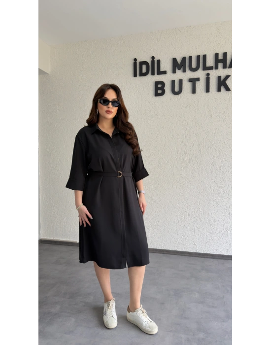 Siyah Kuşaklı Premium Gömlek Elbise