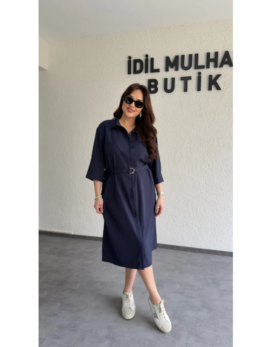 Lacivert Kuşaklı Premium Gömlek Elbise