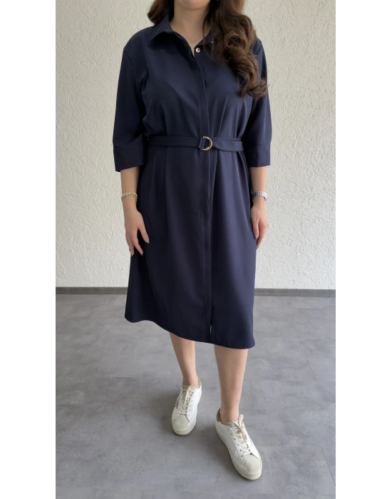 Lacivert Kuşaklı Premium Gömlek Elbise