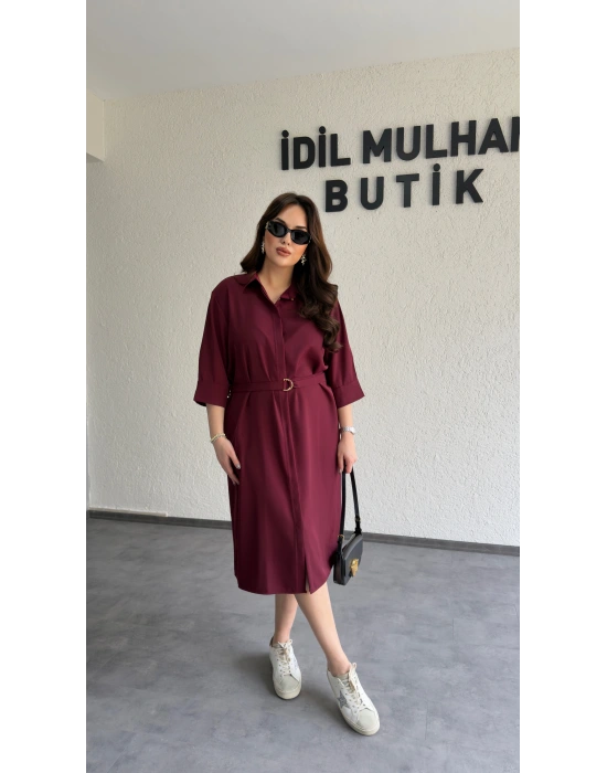 Bordo Kuşaklı Premium Gömlek Elbise